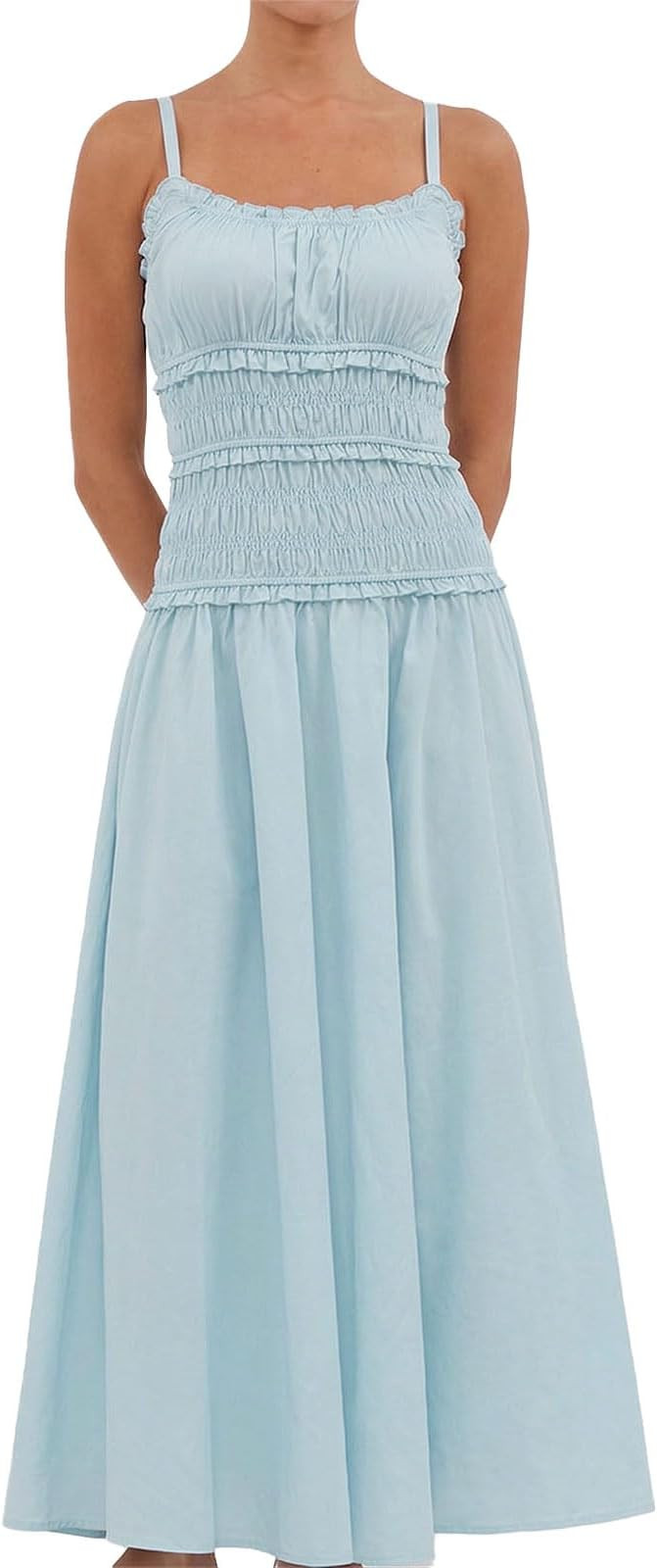 Women Spaghetti Strap Maxi Dress Sleeveless Scoop Neck Ruffle Tiered Elastic Casual Boho Flowy Dr... | Amazon (US)