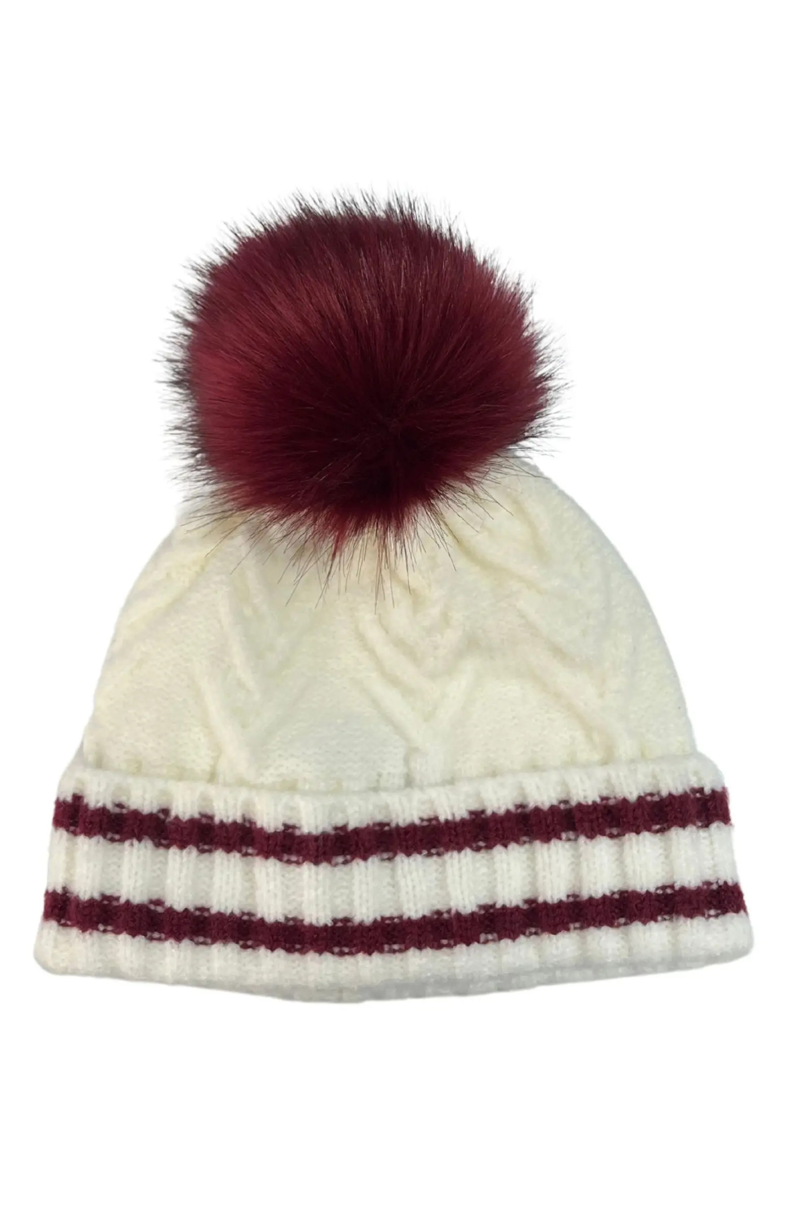 Varsity Faux Fur Pompom Cable Knit Beanie | Nordstrom Rack