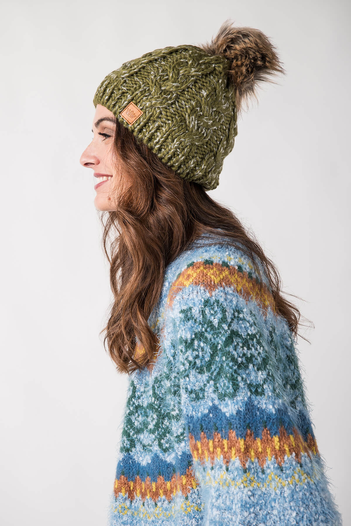 Panache Olive Cable Knit Pom Hat | Social Threads
