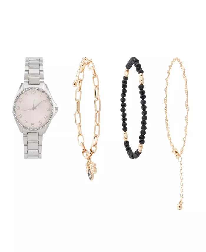 Jessica Carlyle Women's Analog Shiny Silver-Tone Metal Strap Watch 36mm 4 Pieces Bracelet Gift Se... | Macy's