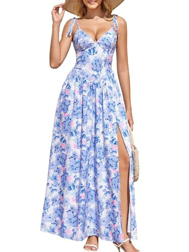 KUTUMAI Floral V Neck Slit Maxi Dress Lace Up Flowy Long Sundress Boho Summer Beach Wedding Guest Dresses for Women 2026 BlueFloral L | Amazon (US)