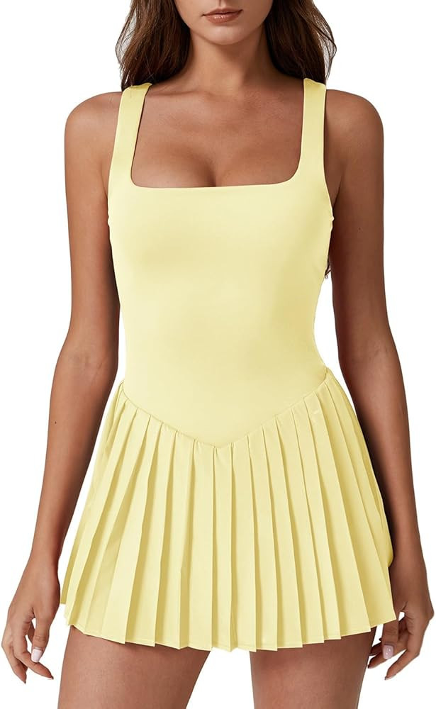 QINSEN Womens Square Neck Tennis Dress Pleated Sleeveless Built in Shorts Golf Athletic Dress wit... | Amazon (US)