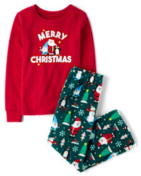 Kids Matching Family Merry Christmas Cotton And Microfleece Pajamas - green | The Children's Place