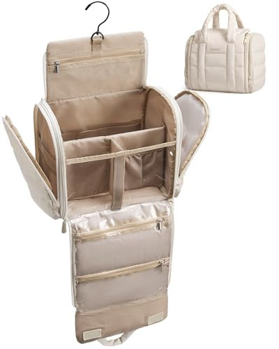 BAGSMART Toiletry Bag for Women with Hanging Hook, Puffy Water-resistant Makeup Cosmetic Bag for Accessories, Shampoo, Full-size Container, Toiletries, Beige | Amazon (US)