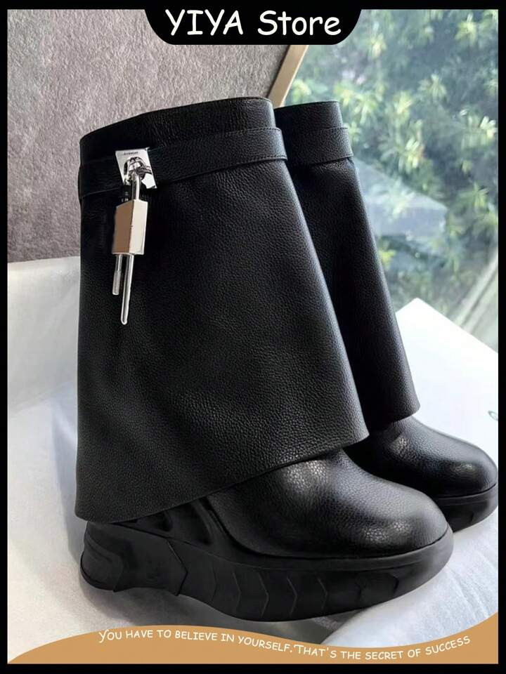 YIYA Women's Fold Over Boots Round Closed Toe Mid Calf Boots Decorative Lock Zipper Up Platform W... | SHEIN