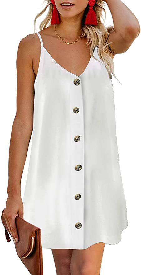 AlvaQ Women Summer Spaghetti Strap Button Down V Neck Sleeveless Casual Mini Dress | Amazon (US)