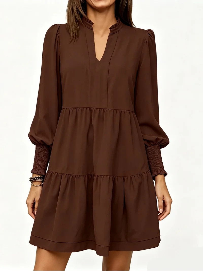 Casual V Neck Loose Womens Ruffle Tiered Long Sleeve Tunic Dress | Walmart (US)