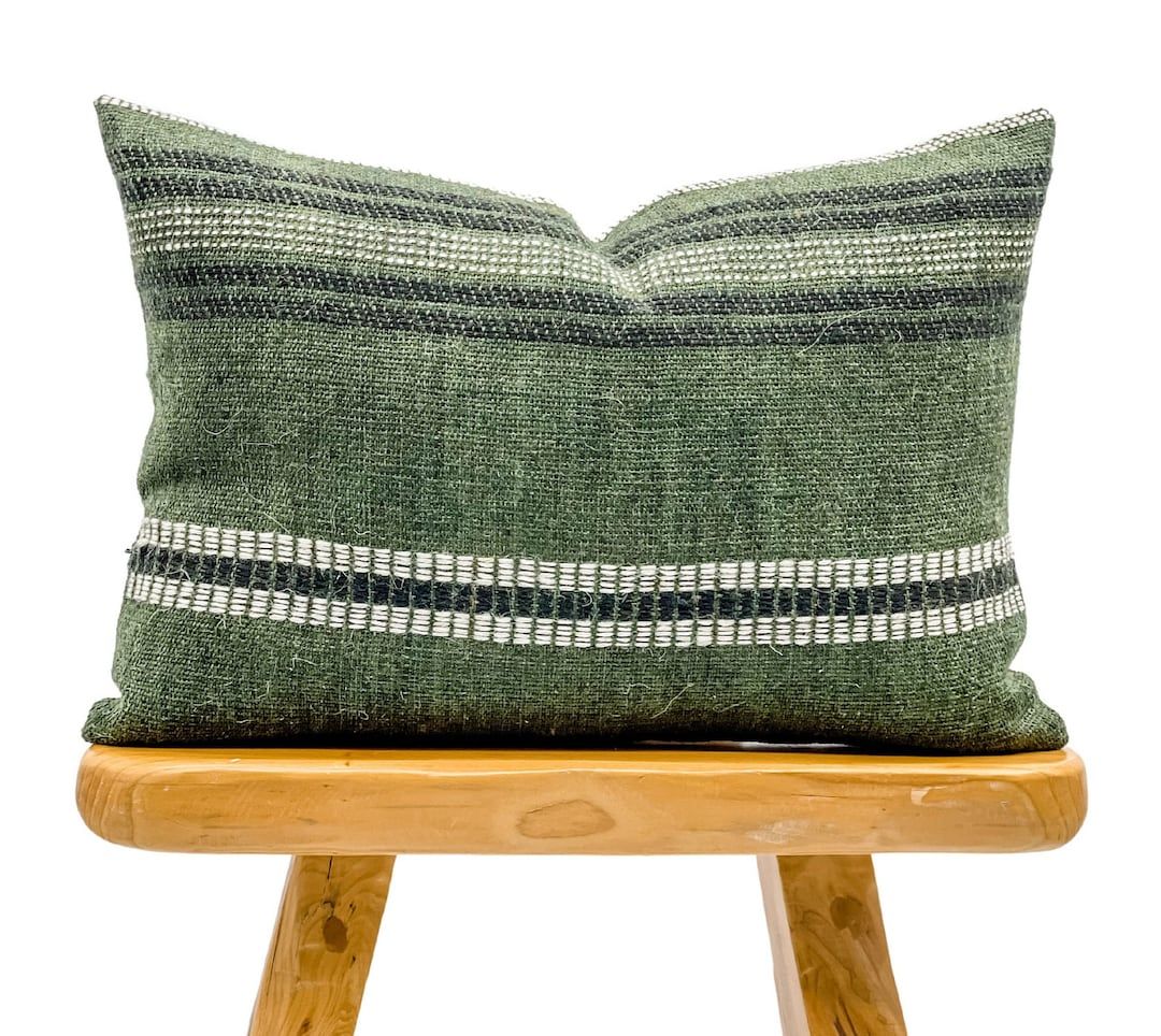 Lumbar Pillow Cover, Indian Wool Pillow Cover, Green Wool Pillow, Green and White Pillow Cover 14... | Etsy (US)