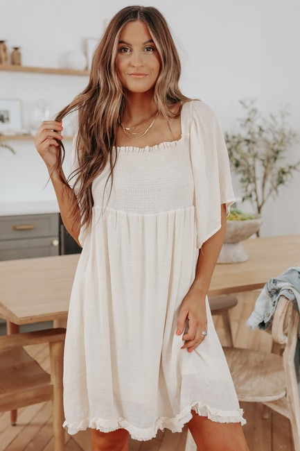 Square Neck Natural Smocked Babydoll Dress | Magnolia Boutique