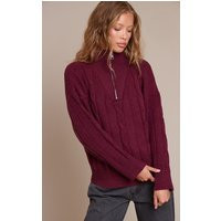 Burgundy Zip Detail Cable Knit Oversized Sweater | PrettyLittleThing US