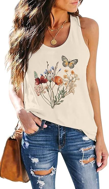 Women Summer Vintage Flowers Tank: Wildflowers and Butterflies Tanks Boho Floral Printed Shirt Su... | Amazon (US)