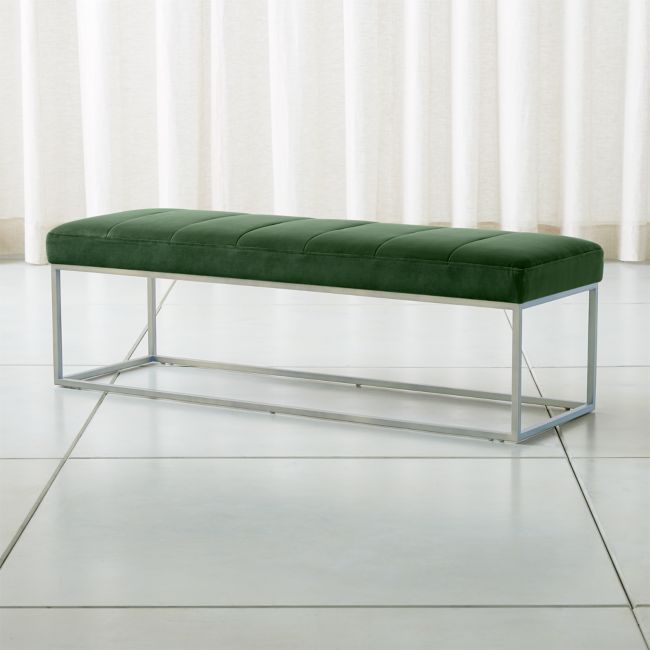 Channel Dark Green Velvet Bench with Stainless Steel Base | Crate & Barrel