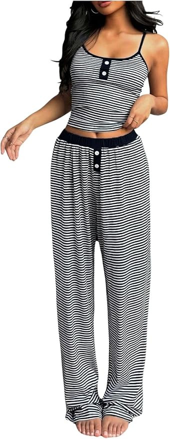 OYOANGLE Women's Striped Lounge Set 2 Piece Pajama Set Y2K Cami Crop Top and Pants Pajamas Sleepw... | Amazon (US)