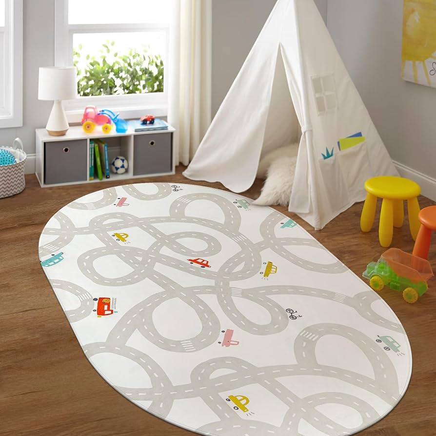 STARUIA Grey Kids Rug for Playroom, 5'x7' Washable Road Rug for Kids Bedroom, Non-Slip Car Rug fo... | Amazon (US)