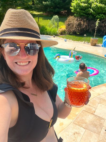 Pool party perfect. Midsize momma who needs extra support and nursing friendly swim top. Black and gold bathing suit. Straw hat. Splurge sunglasses. Plastic cocktail glasses. 

#LTKGiftGuide #LTKSeasonal #LTKswim