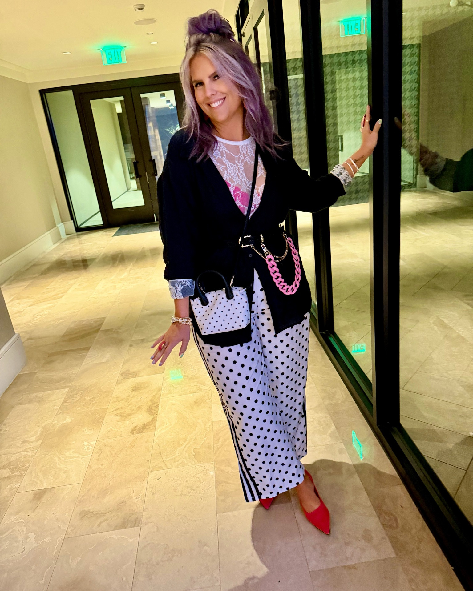 {get dressed with me to style these POLKA DOT TRACK PANTS!}
✔️Track Pants▪️White polka dot athleisure style pants with three black stripes along side 〰️ size XL (TTS)▪️AMAZON
✔️Lace Top▪️Crewneck white lace layering shirt with long sleeves 〰️ size large (TTS)▪️AMAZON
✔️Chain Belt▪️Black medium width belt with double gold hanging chains 〰️ size XL▪️AMAZON
✔️Slingback▪️Rose hot pink fabric slingback with a heel under 2” (so comfy & come with their own insert for additional comfort) 〰️ TTS▪️AMAZON


{extras}
✔️Mini Crossbody▪️White mini purse with black polka dots & black crossbody strap with silver hardware▪️WALMART
✔️Shaping Capri▪️Light to med shaping capris for modesty with white pants and light shaping 〰️ size XL▪️AMAZON


{jewelry}
✔️Statement Ring▪️Hot pink oval statement ring perfect for pointer or middle finger, also comes with earrings as a set!▪️AMAZON
✔️Statement Earrings▪️Hot pink fabric statement earrings with two flowers that hang longer on the ear ▪️AMAZON
✔️Pearl Bracelet▪️Gold & faux pearl bracelet set variety▪️H&M
✔️Tennis Bracelets▪️Gold & faux diamond tennis bracelet, sold separately▪️MELINDA MARIA


{similar items to get the look}
✔️Black Button Down▪️gauze casual style black button down shirt with long sleeves {originally from Target} but linked similar 

#amazon #amazonfashion amazon finds, amazon find, amazon style, amazon fashion, amazon clothing, amazon outfit, found it on amazon, amazon fashion finds, amazon summer, amazon spring, amazon fall, amazon winter, amazon outfit inspo, amazon outfit inspiration, amazon curves, amazon curvy, curvy amazon, midsize amazon, amazon midsize, amazon ootd, amazon shopping, new on amazon 
#under20 #under30 #under40 #under50 #under60 #under75 #under100 #affordable #budget #inexpensive #size14 #size16 #size12 #medium #large #extralarge #xl #curvy #midsize #pear #pearshape #pearshaped budget fashion, affordable fashion, budget style, affordable style, curvy style, curvy fashion, midsize style, midsize fashion

#LTKootd #LTKMidsize #LTKOver40