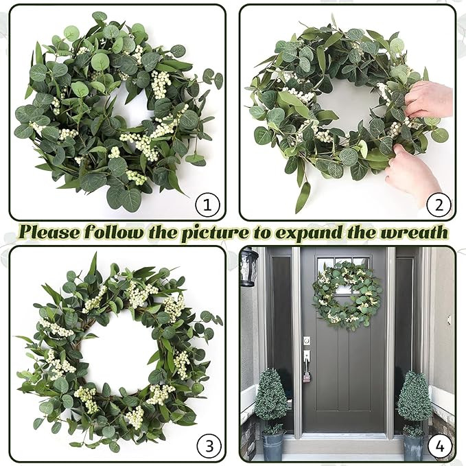 Wreaths for Front Door, 20" Artificial Eucalyptus Wreath, White Berry Greenery Wreath for Front D... | Amazon (US)
