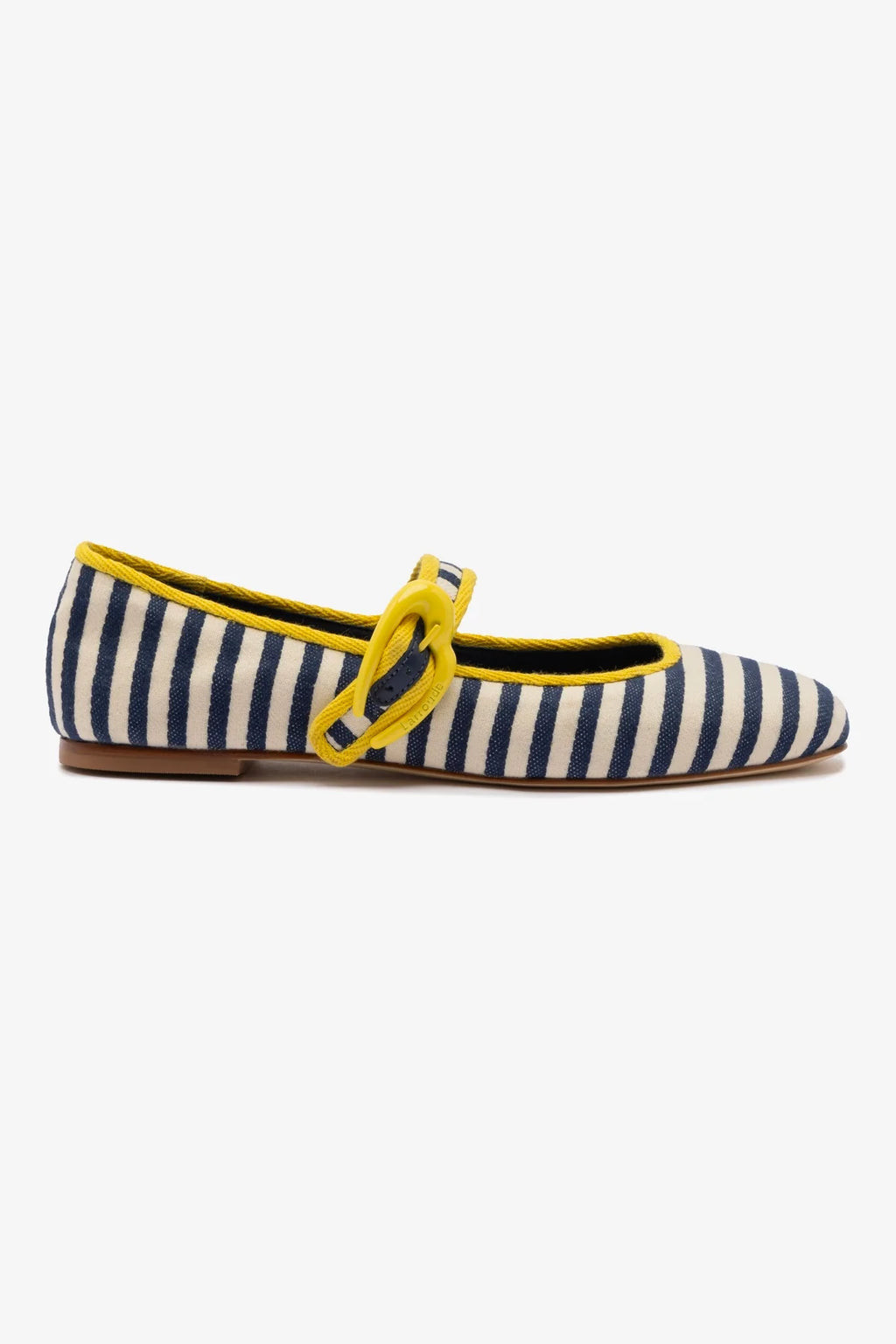 Verona Ballet Flat In Navy and Natural Striped Fabric and Lemonade Trimming | Larroude