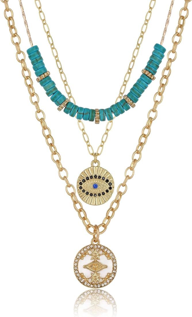ZMNNOPPAB 3PCS Evil Eye Gold Necklace set for Women,Necklace Turquoise Charm Shell Pendant Multi Lay | Amazon (US)