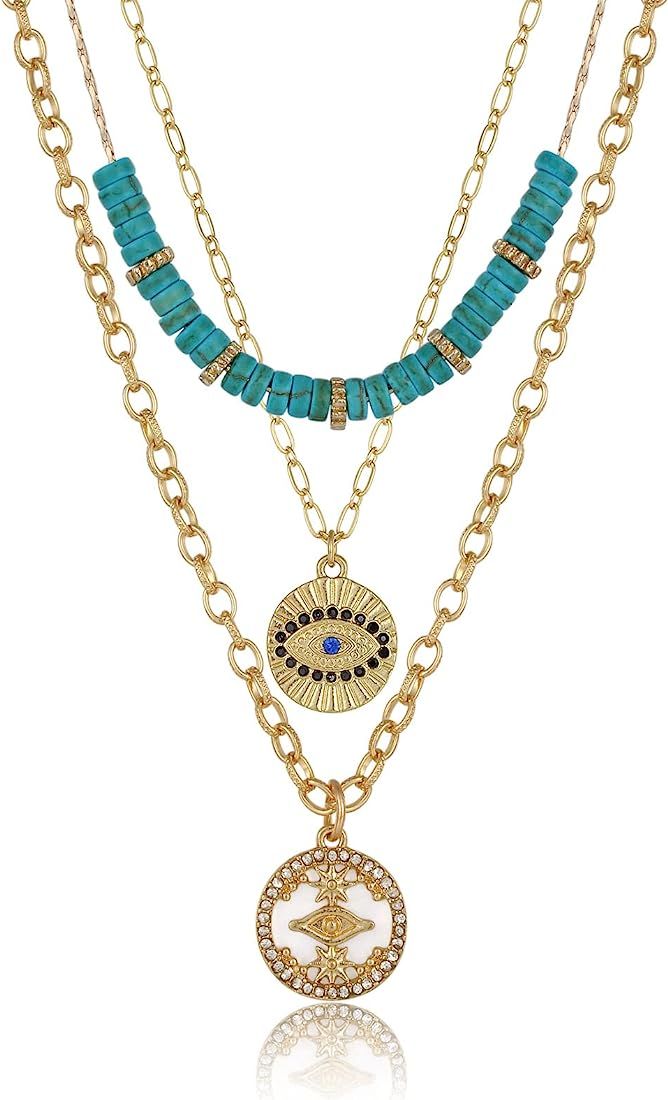 ZMNNOPPAB 3PCS Evil Eye Gold Necklace set for Women,Necklace Turquoise Charm Shell Pendant Multi Lay | Amazon (US)