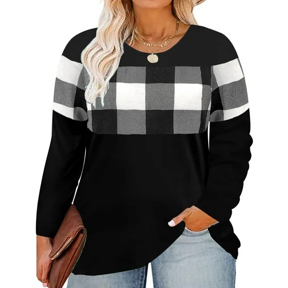 TIYOMI Plus Size Long Sleeve Tops For Women 3X Christmas White Plaid Shirts Color Block Causal Bl... | Walmart (US)