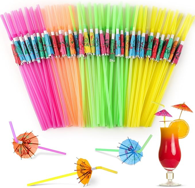 Paxcoo 50pc Umbrella Straws for Cocktails, Tropical Hawaiian Luau Party Decorations (Assorted Col... | Amazon (US)