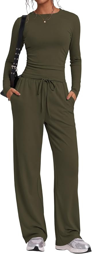 LOMON Women's 2 Piece Wide Leg Pants Matching Lounge Set Long Sleeve Top | Amazon (US)