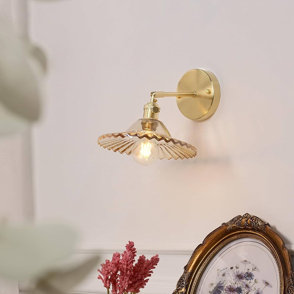 Shenmoyl Vintage Wall Sconces with Amber Lotus Glass Lampshade 180 Degree Adjustable Brass Sconce... | Amazon (US)