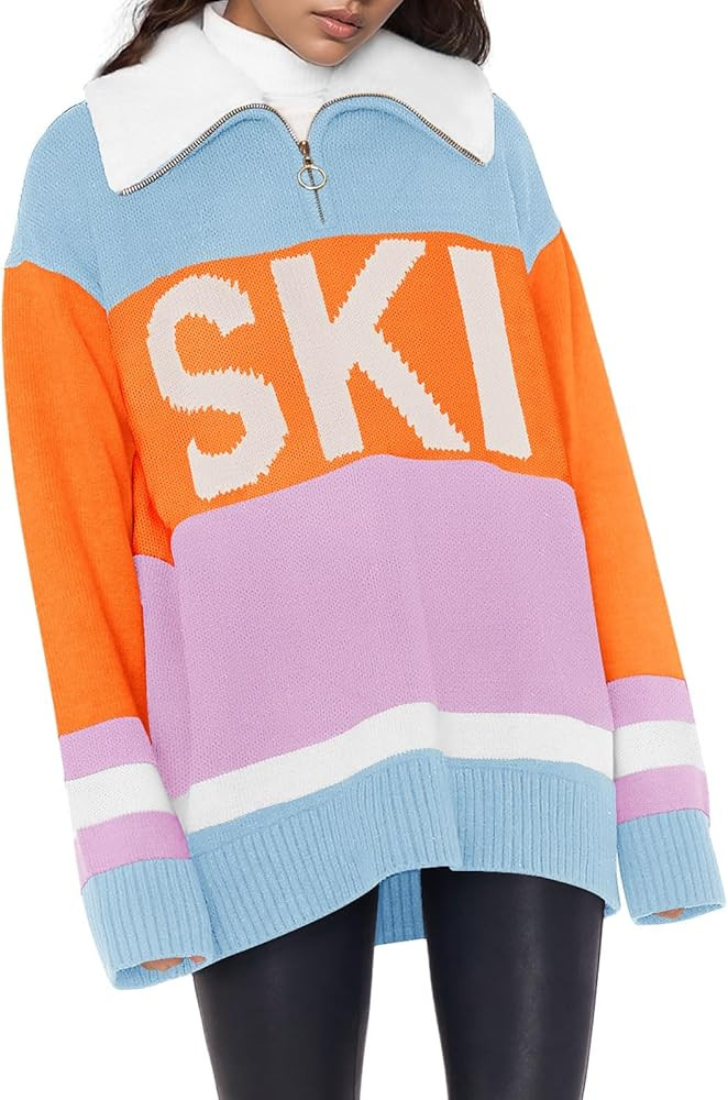 Womens Sweaters Trendy Long Sleeve 1/4 Zip Pullover Polo V Neck Dressy Casual Color Block Ski Kni... | Amazon (US)