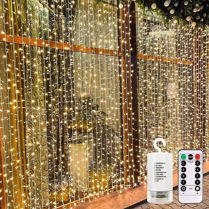 echosari 300 LED Curtain Lights Battery Operated, Hanging Lights w/ Remote Timer, Outdoor Curtain... | Amazon (US)