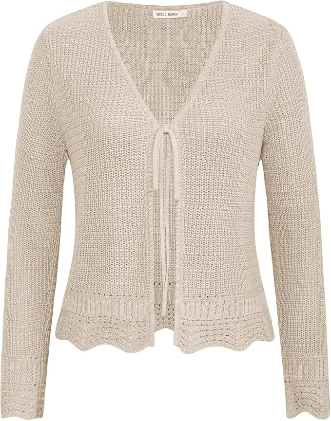 GRACE KARIN Women's Long Sleeve Cardigan Tie Front V Neck Crochet Lightweight Shrug Sweaters for ... | Amazon (US)