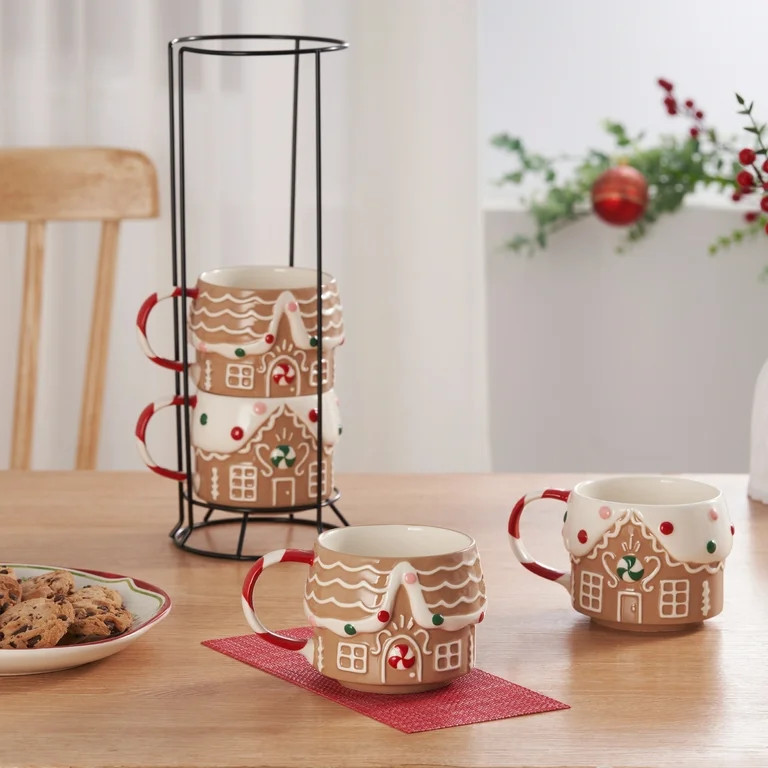 Gingerbread House Stacking Ceramic Mug Set 11.5 OZ 4-Piece Holiday Time | Walmart (US)