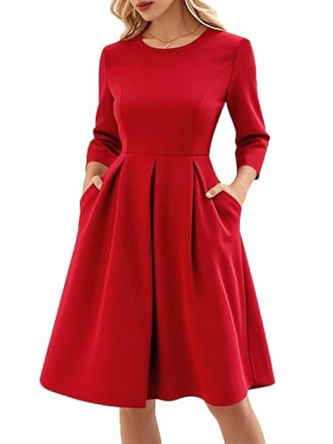 oxiuly Red 3/4 Sleeve New Year Dresses for Women 2025 Summer Business Casual Office Work Professinal Classy Short Sleeve Pleates High Waist A Line Scope Neck Vintage Dress S253 Red 7F S | Amazon (US)