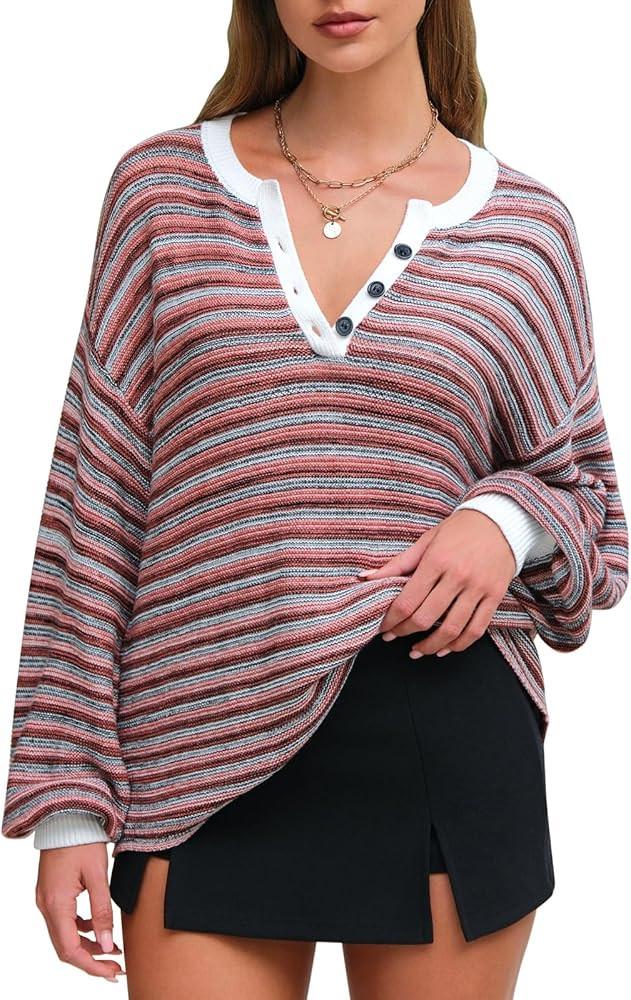 EXLURA Women's Oversized Striped Sweaters Long Sleeve Shirt Loose V Neck Button Henley Tops Fall ... | Amazon (US)