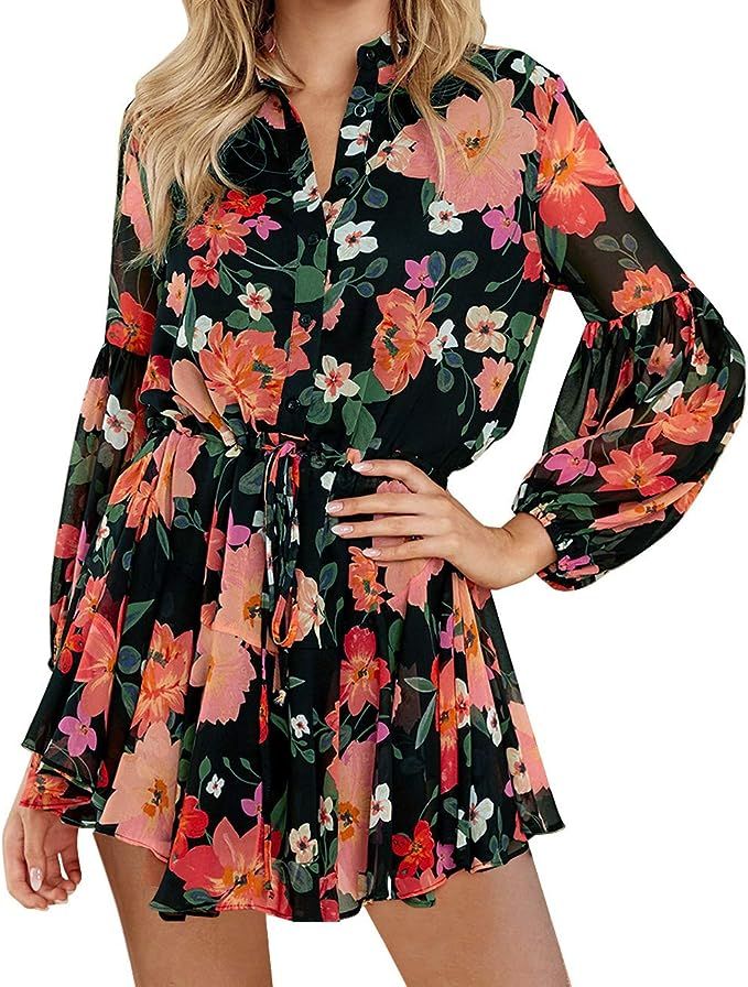 Clarisbelle Women's Long Sleeve Button up Tie Waist Floral Chiffon Dress | Amazon (US)