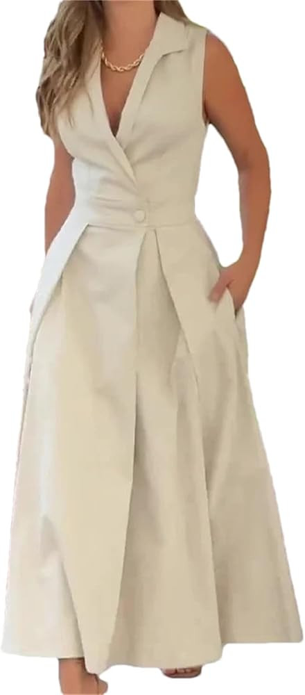 Women's Summer Solid Dresses Elegant Turn-Down Collar Long Sleeveless Party Dress | Amazon (US)