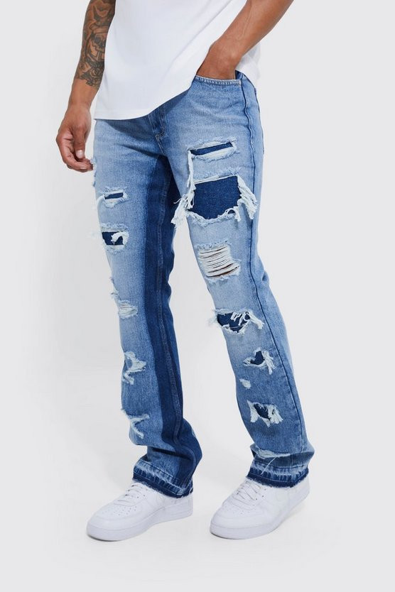 Slim Rigid Flare Panelled Ripped Jeans | boohooMAN (US & Canada)