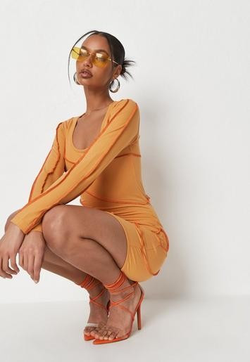 Missguided - Orange Asymmetric Hem And Neckline Long Sleeve Mini Dress | Missguided (US & CA)