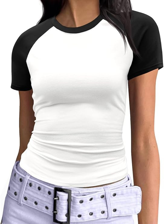 Imily Bela Womens Summer Short Sleeve T Shirts Slim Fitted Raglan Color Block Crop Tops 2025 Basi... | Amazon (US)