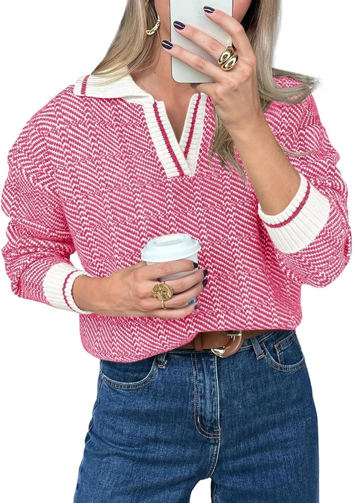 Saodimallsu Womens Fall Sweaters Tops Lapel V Neck Knit Sweater Color Block Long Sleeve Casual So... | Amazon (US)