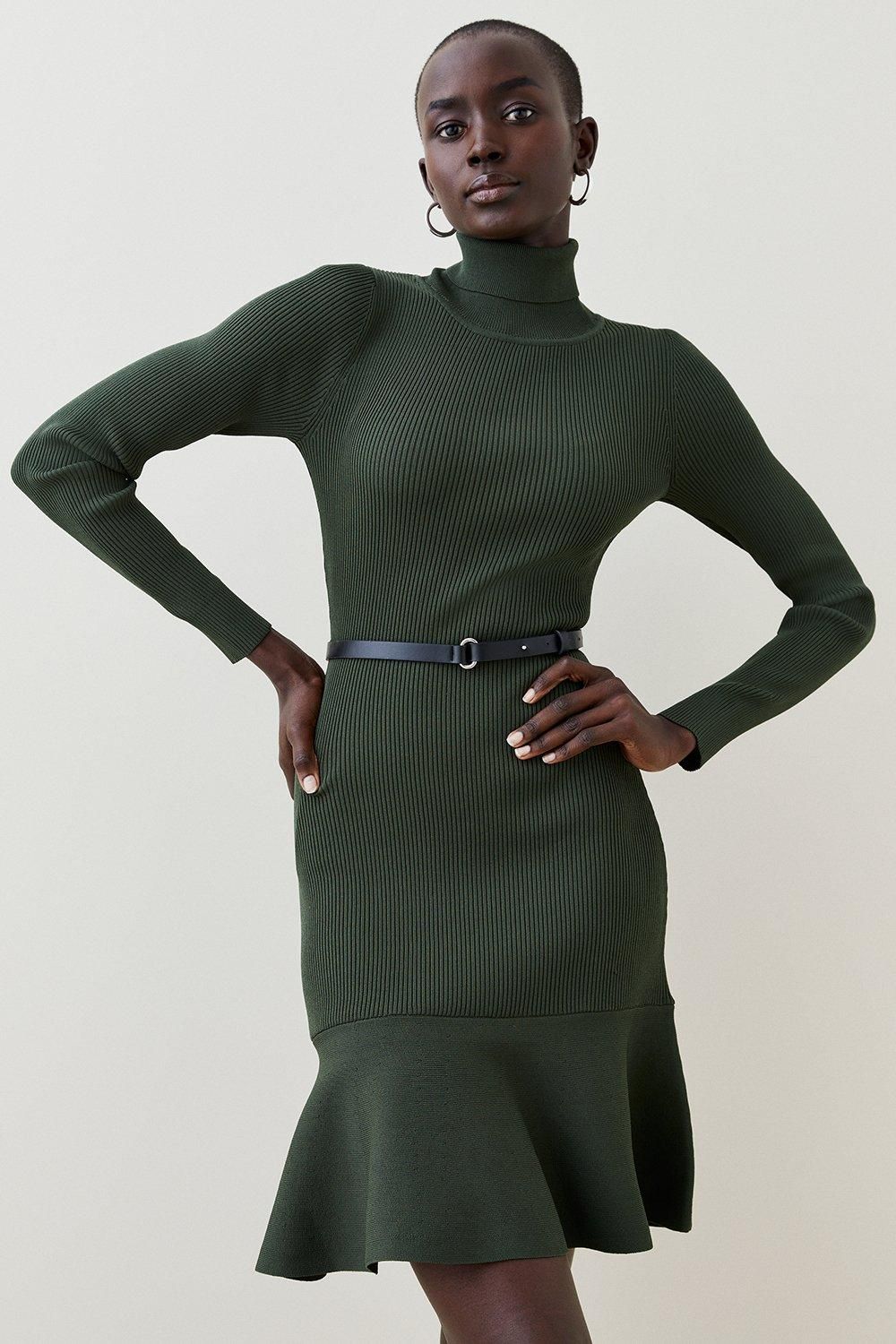 Knitted Roll Neck Belted Flippy Hem Mini Dress | Karen Millen UK + IE + DE + NL