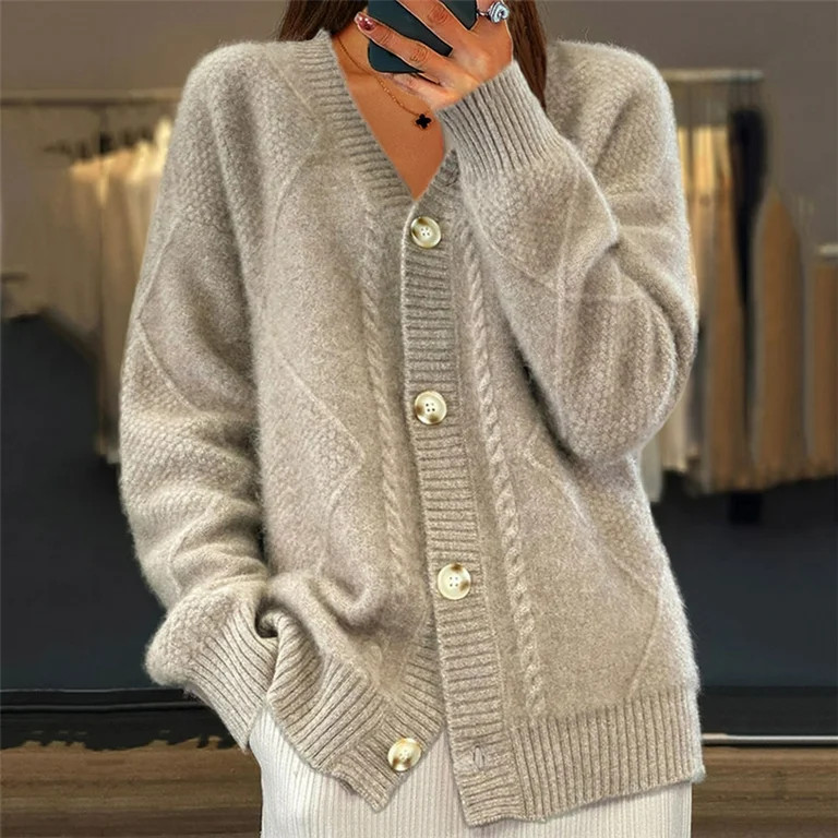 NSLGXD Button Up V Neck Sweater Tops for Women Long Sleeve Knitted Cardigans Winter Casual Outerw... | Walmart (US)