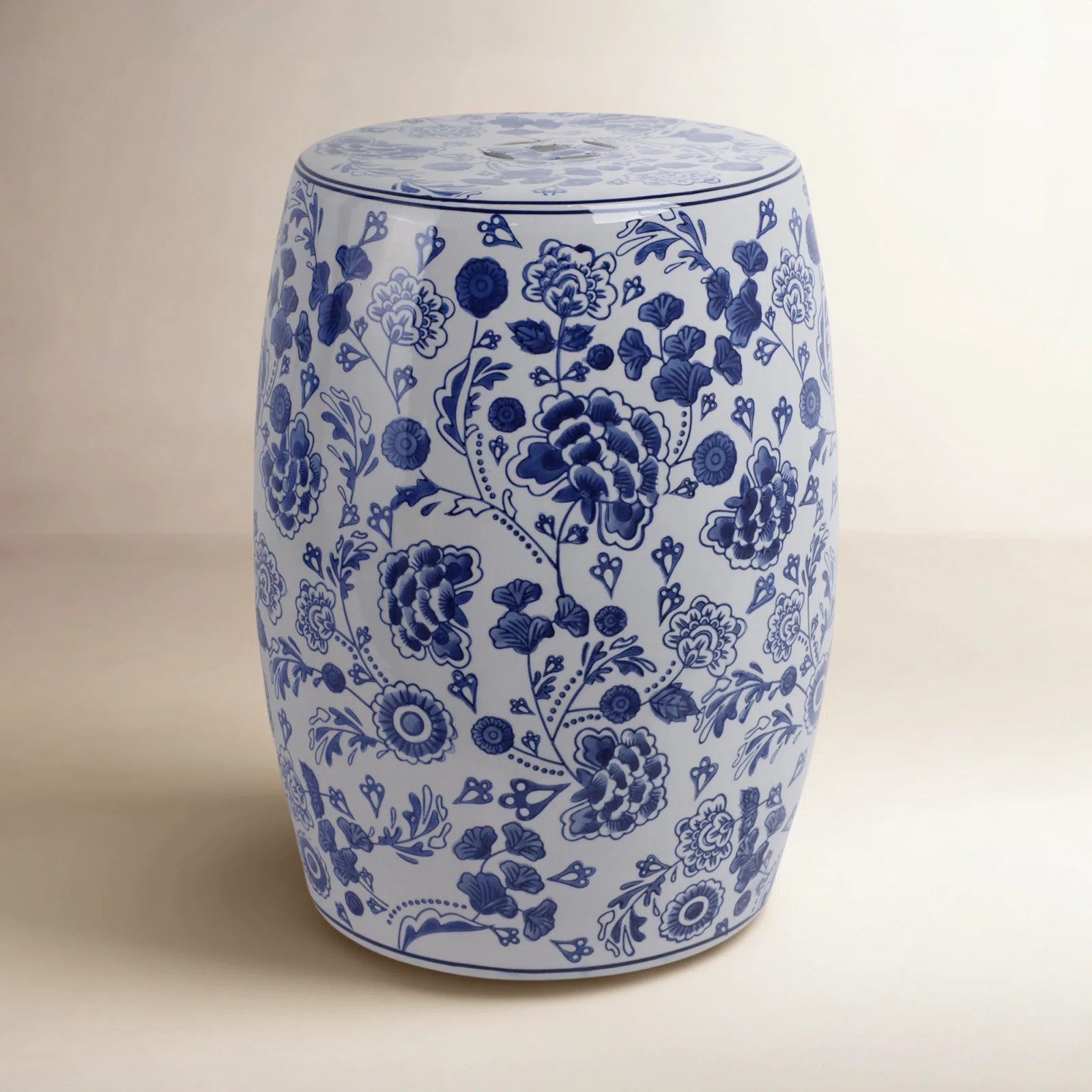 LeeRoy Ceramic Hydrangea Chinoiserie Stool - Elegant Blue and White 18-inch Garden Accent Piece | Wayfair North America