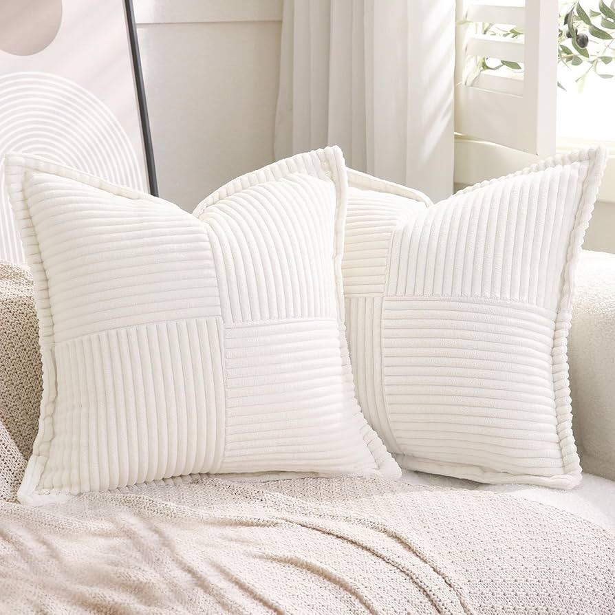 Puncuntex Corduroy Throw Pillow Covers Set of 2 Boho Decorative Cream White 18×18 Inch,Super Sof... | Amazon (US)