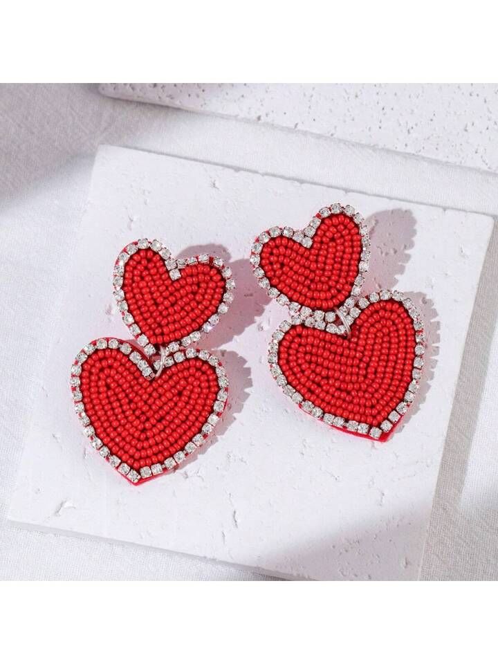 1pair Handmade Bohemian Red Heart Shaped Fabric Bead Earrings, European & American Style Valentin... | SHEIN