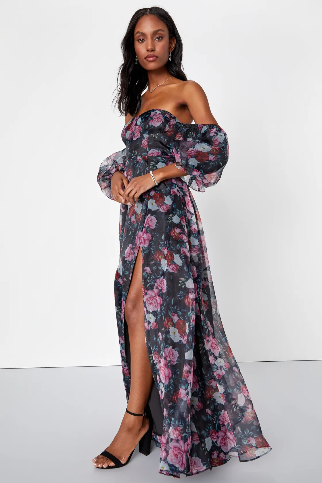 True Excellence Black Floral Bustier Off-The-Shoulder Gown | Lulus