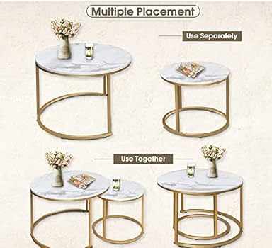 aboxoo Coffee Table Nesting White Set of 2 Side Set Golden Frame Circular and Marble Pattern Wood... | Amazon (US)