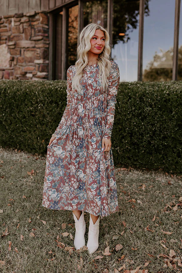 Vineyard Cutie Asymmetrical Floral Mesh Midi in Mocha | Impressions Online Boutique