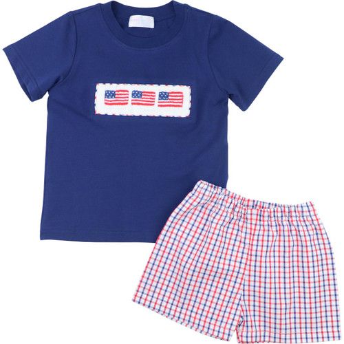 Navy And Red Windowpane Smocked American Flag Short Set | Cecil and Lou