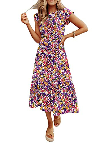 JASPAL Women's Casual Smocked Midi Dress Round Neck Elastic High Waist Flute Dresses Summer | Amazon (US)
